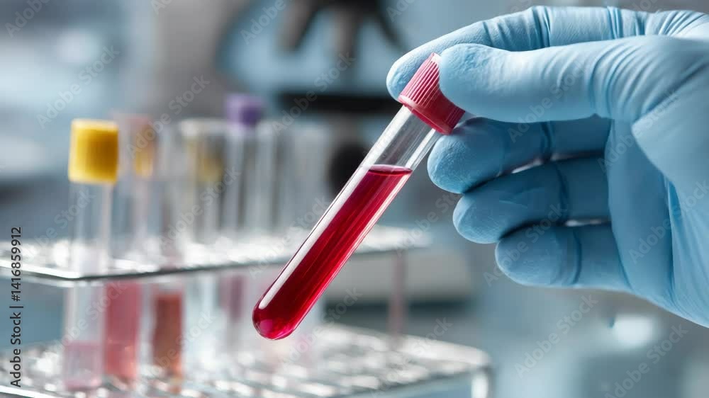 A hand in a glove holds a blood sample in a laboratory test tube.