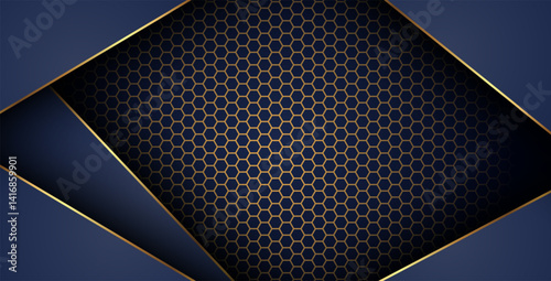 luxurious dark navy gold line overlap background with hexagon mesh pattern combination. elegant modern technology futuristic background. eps10 vector