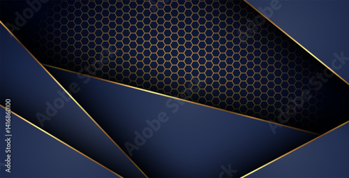 luxurious dark navy gold line overlap background with hexagon mesh pattern combination. elegant modern technology futuristic background. eps10 vector