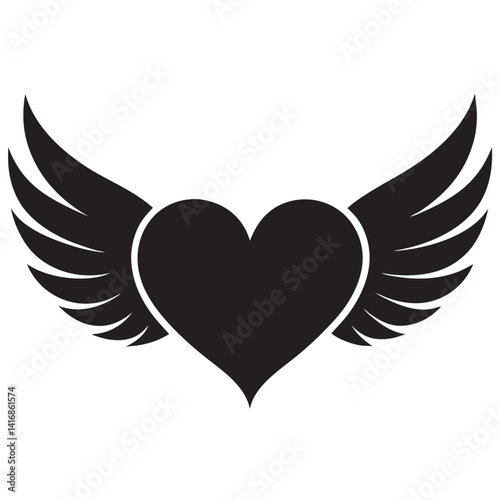 Black and White Heart with Wings Vector Graphic 