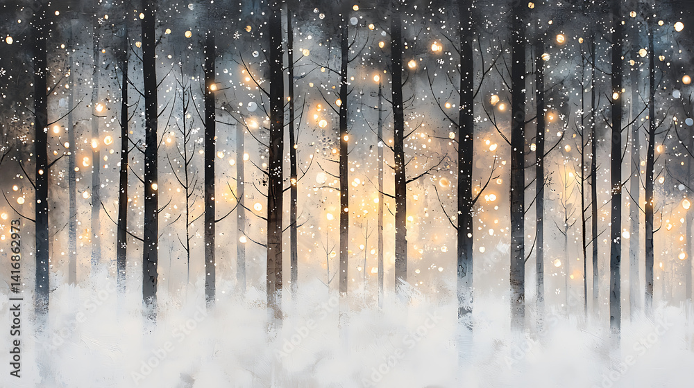 Fototapeta premium Magical Winter Forest with Glowing Lights and Snowfall