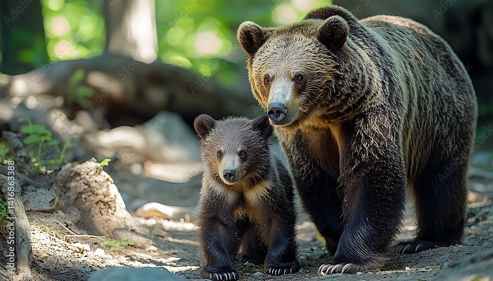 Fototapeta premium Brown bear mother and cub in a forest.