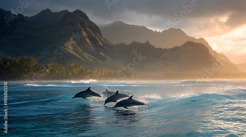 Dolphins leaping in ocean, mountains backdrop photo