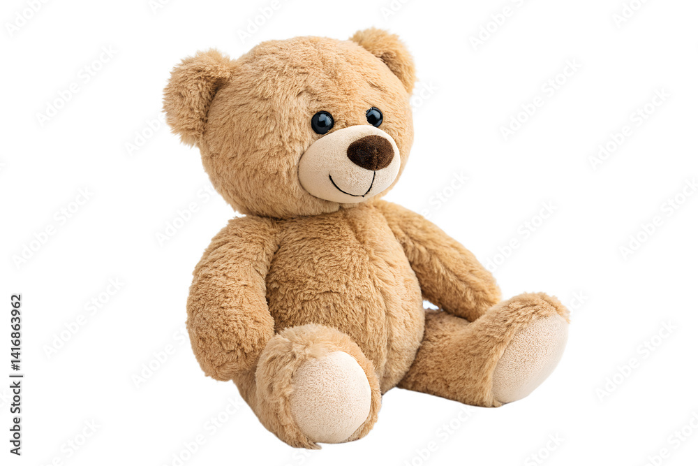 Fototapeta premium A soft and cuddly teddy bear toy isolated on a white background. This plush toy is perfect for representing childhood, comfort, and playtime in educational or commercial designs