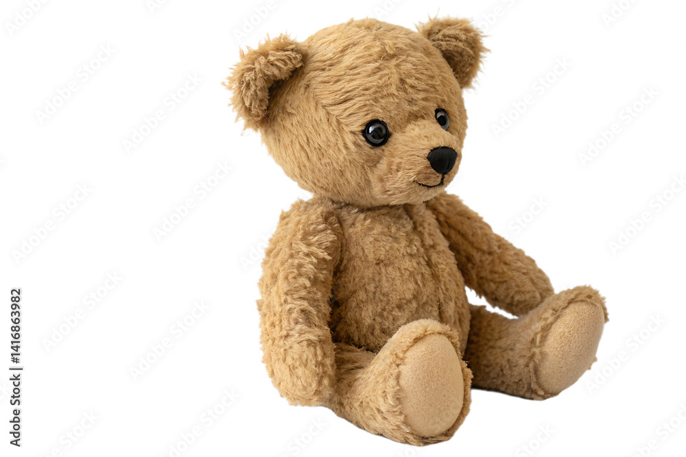 Obraz premium A soft and cuddly teddy bear toy isolated on a white background. This plush toy is perfect for representing childhood, comfort, and playtime in educational or commercial designs