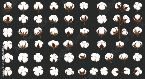 Cotton bolls pattern in flat style with white fluffy fibers and brown stems seamless vector art