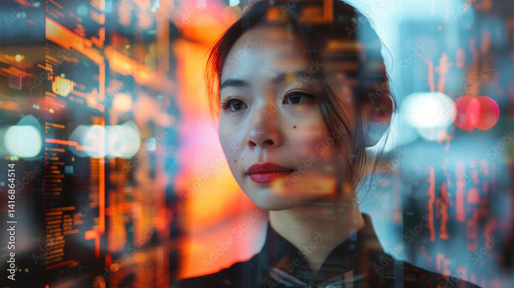 Asian woman with digital code overlay in tech environment.