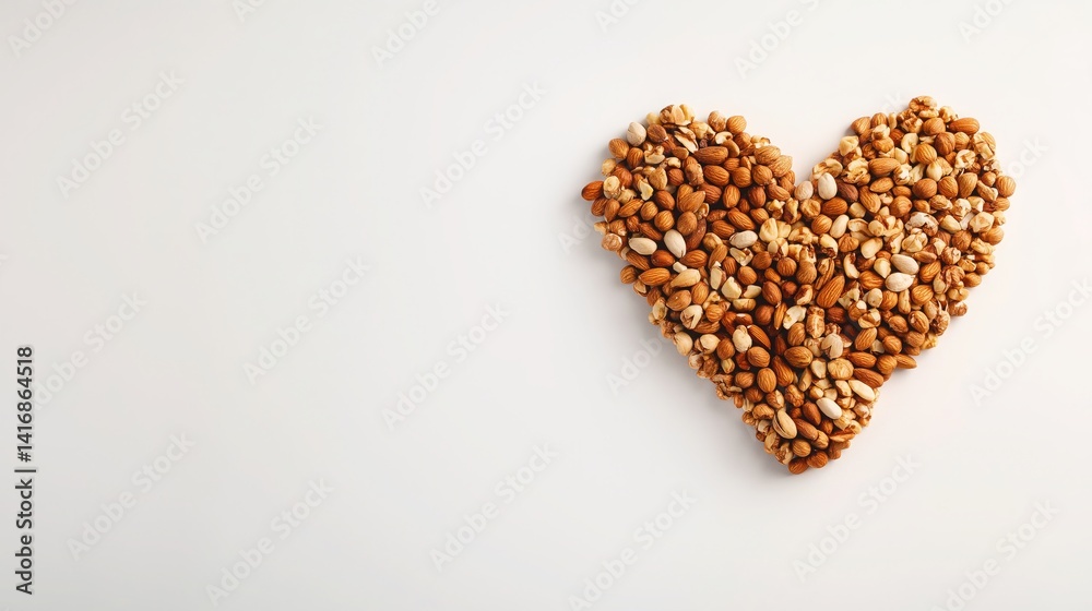 Heart-Shaped Arrangement of Mixed Nuts on White Background and Copy Space Heart-Shaped Arrangement of Mixed Nuts on White Background and Copy Space