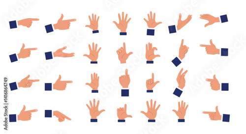 Diverse human hand gestures in flat design showing counting and pointing signs with detailed fingers and wrist cuffs vector illustration