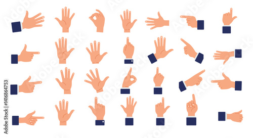 Various human hand gestures showing different signs and actions in flat minimal style vector illustration