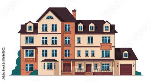 Large residential multi-story house with brick and beige exterior flat detailed design vector illustration