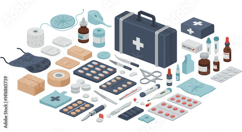 First aid medical kit with various healthcare supplies and equipment in detailed isometric style vector illustration