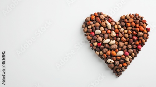 Heart-Shaped Arrangement of Mixed Nuts on White Background with Copy Space