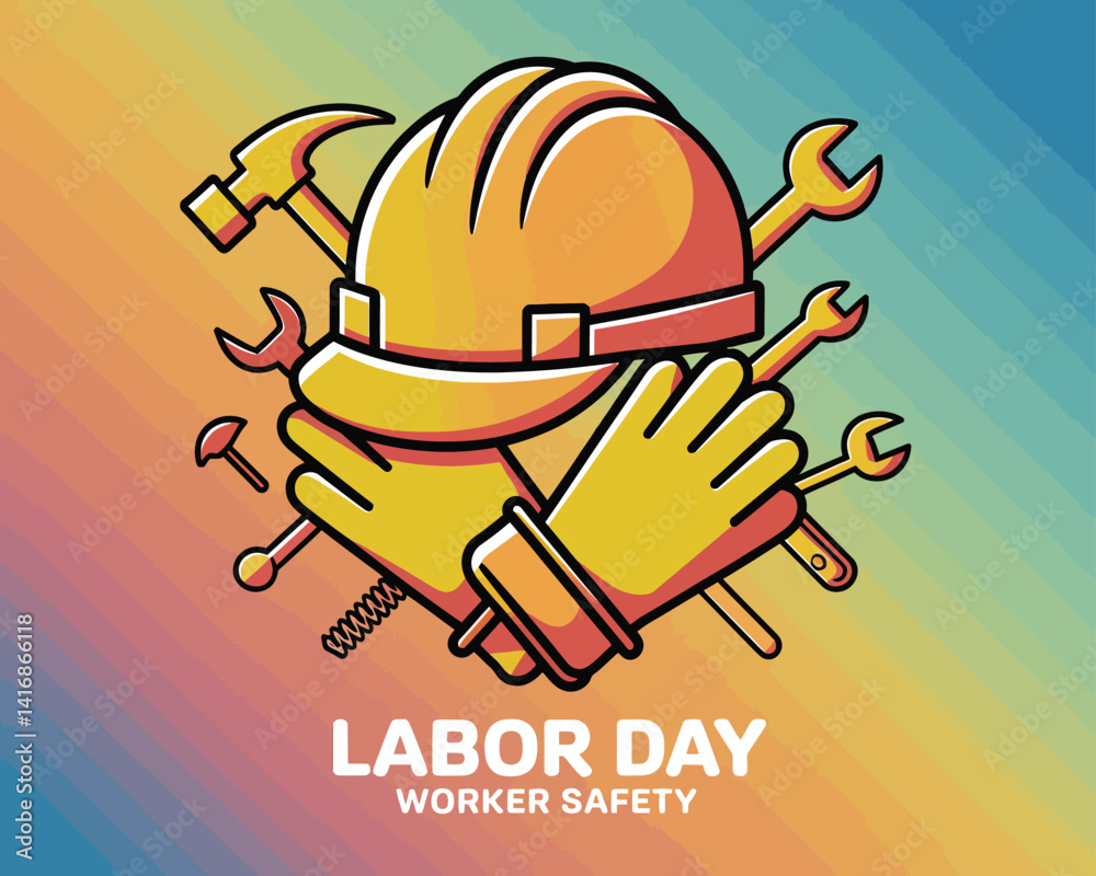 Fototapeta premium 2d vector colorful poster for labor day , work industry equipment , worker , safety . 