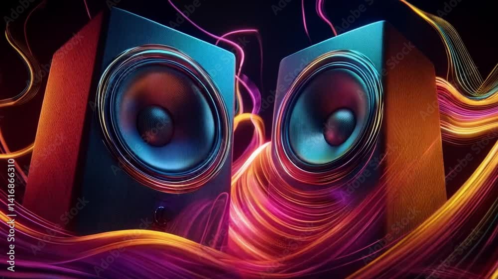 Vibrant Sound Waves Radiate from Colorful and Energetic Dual Speakers