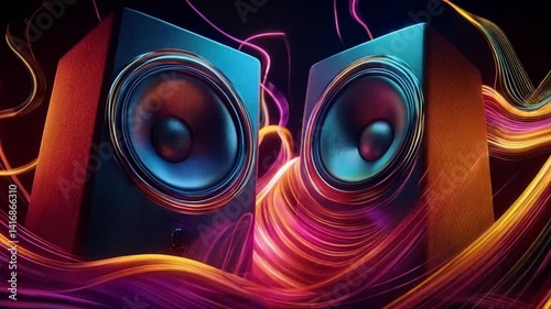 Vibrant Sound Waves Radiate from Colorful and Energetic Dual Speakers