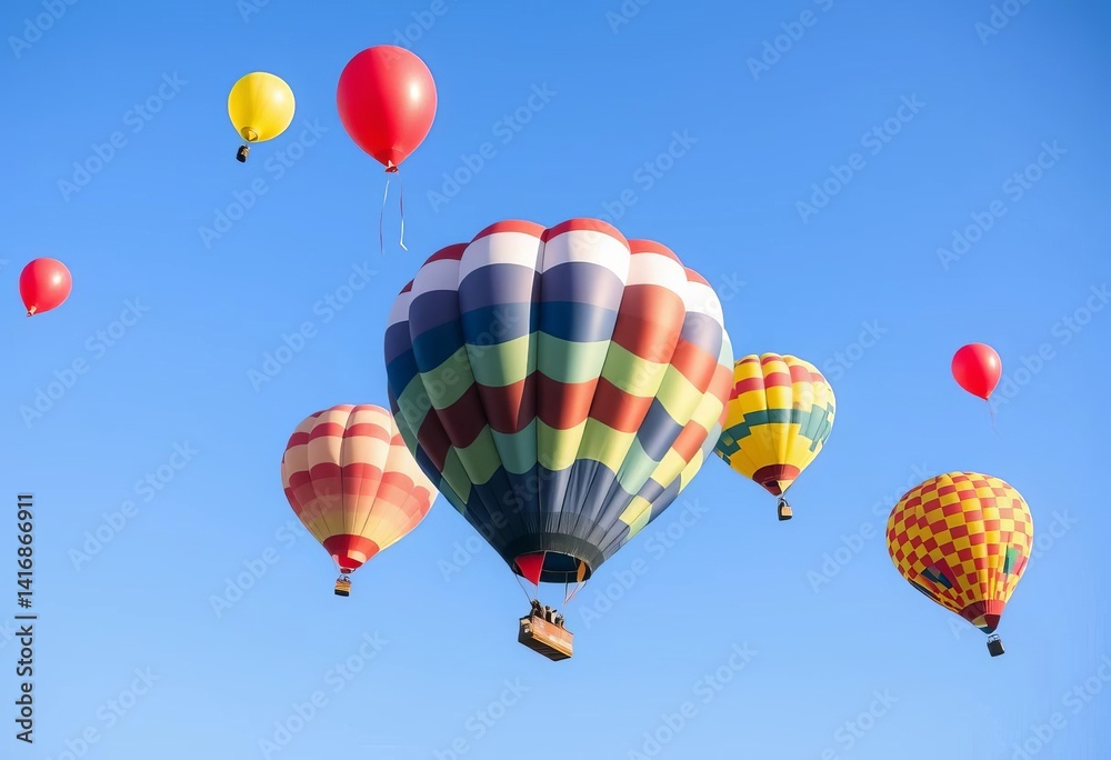 Fototapeta premium Vibrant multicolored balloons ascend against a serene blue sky, air, colorful