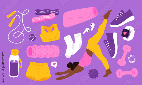 Sport accessories with african american women, girl in sportswear training, fitness equipment, dumbbells for active lifestyle. Vector flat cartoon illustration