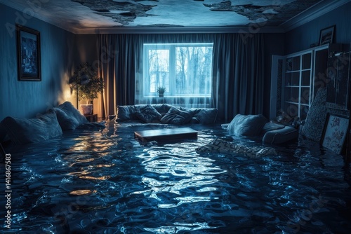 Flooded living room interior with damaged ceiling, furniture partially submerged in water