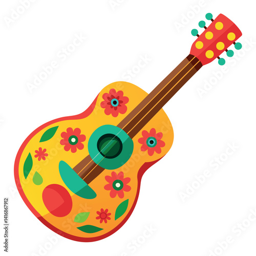 A festive Mexican guitar with painted floral decoration  