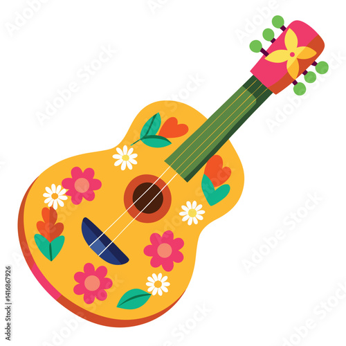 A festive Mexican guitar with painted floral decoration  