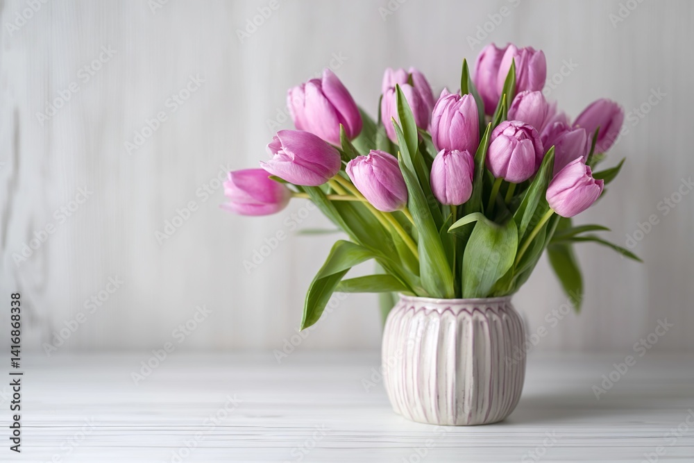 Bouquet of pink tulips in a vase on a white wooden table background with copy space for text or