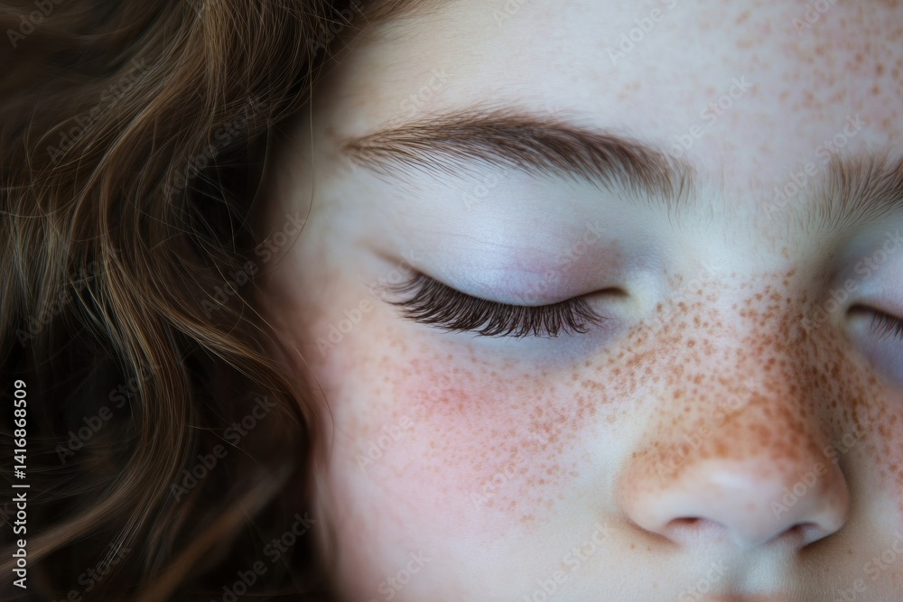 Obraz premium Close-up portrait of freckled female child's face with closed eyes