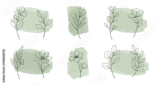 Minimal botanical line art with green watercolor brush strokes and delicate floral designs in modern flat style vector illustration