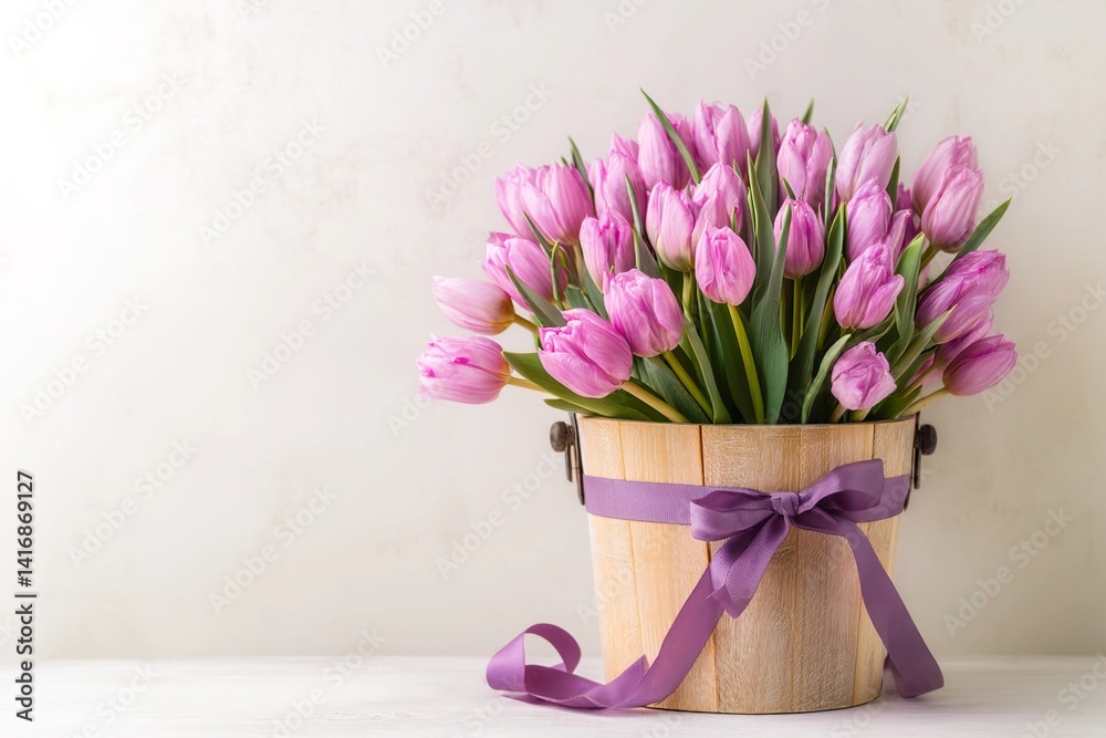 Fototapeta premium Bouquet of pink tulips in an old wooden bucket on a white background with copy space, in pastel