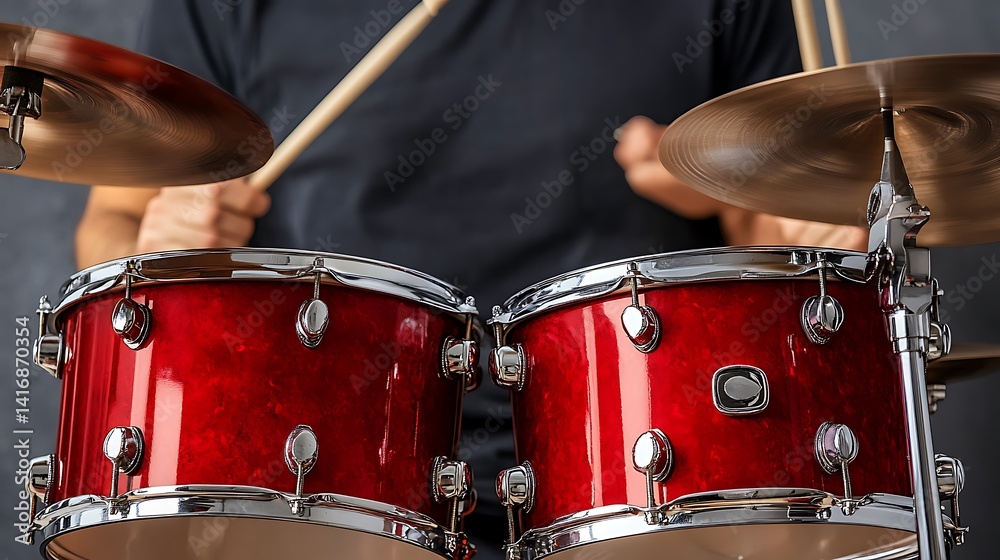 Close-up view of a drummer playing a set of red drums. Close-up view of a drummer playing a set of red drums.