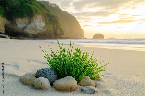Lush green grass on a sandy beach at sunrise. photo