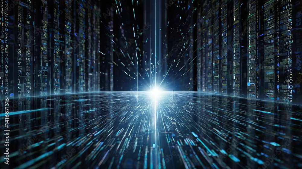 Dynamic abstract digital background, featuring flowing blue and white light streaks moving towards a bright focal point.