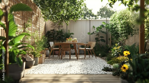 Modern contemporary garden with a wooden terrace, a dining table and chairs on a grey deck, and a white patterned rug, surrounded by potted plants and a wood fence. Sunny day.