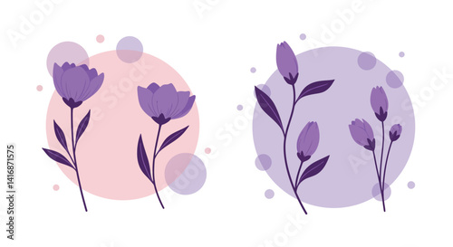 Purple wildflowers with delicate stems and buds in minimal flat style against pastel circles vector illustration