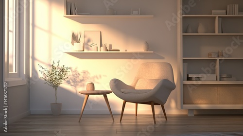 Modern room with a chair, table, and shelves. Neutral tones and simple design create a calm atmosphere.   4cbc4f36-becd-4073-85d6-6dd656d4b5be