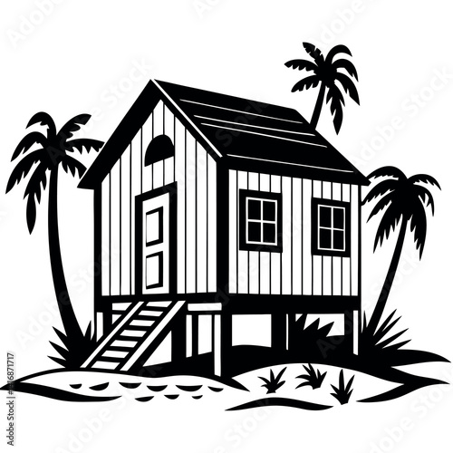 Beach cabin icon silhouette vector with white background. 