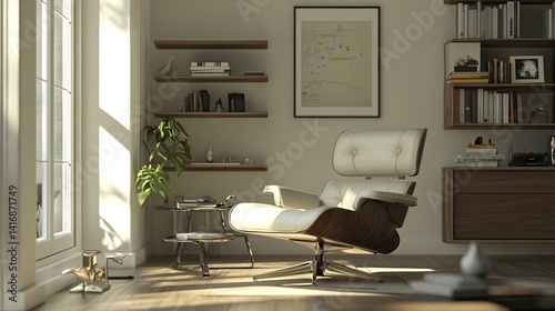 Modern room with a chair, table, and shelves. Neutral tones and simple design create a calm atmosphere.   4cbc4f36-becd-4073-85d6-6dd656d4b5be