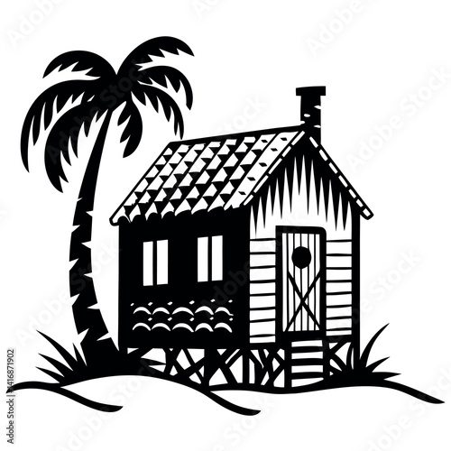 Beach cabin icon silhouette vector with white background. 