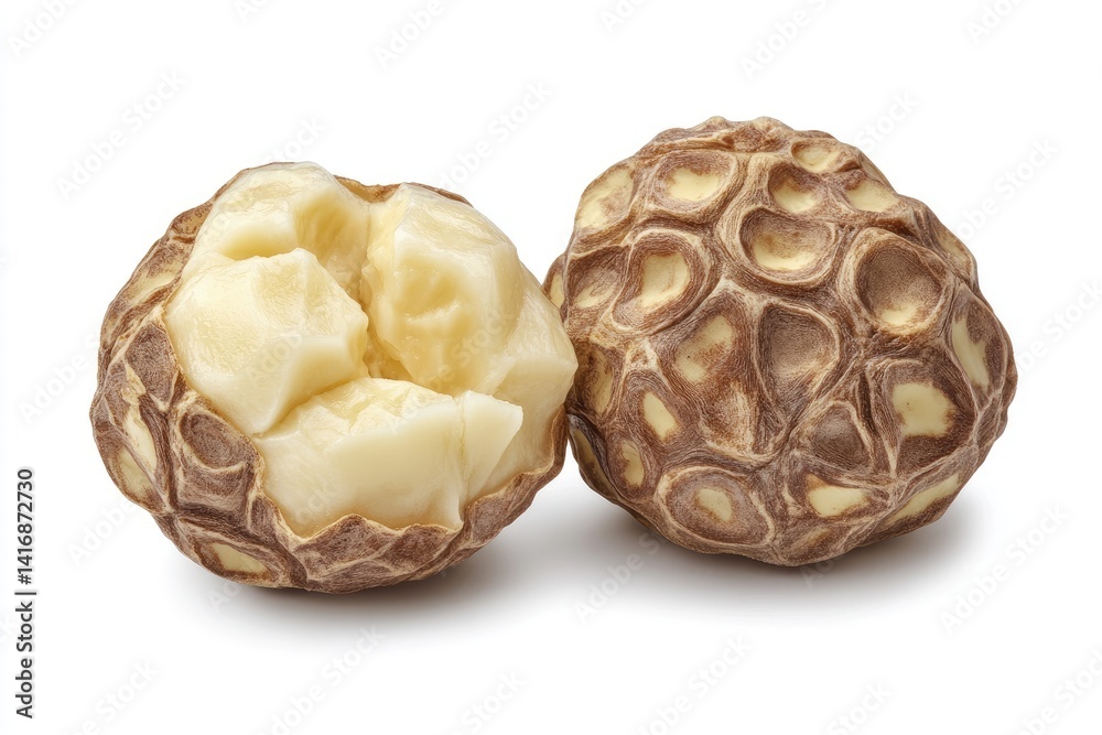 Two whole and cracked peppercorns with a white interior isolated on white background