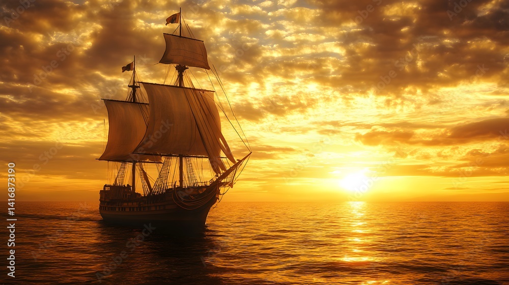 Obraz premium Golden Sunset, Sailing Ship at Sea