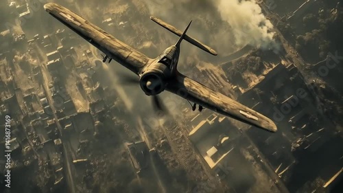 Ascending Glory: Fighter Plane Soars Above Smoky Wartime City Below
