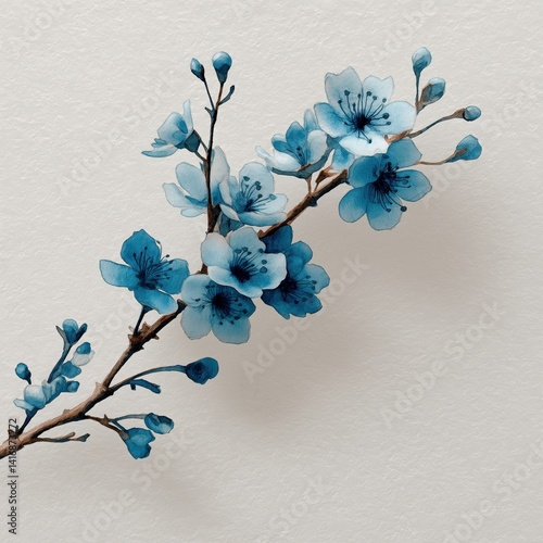 A delicate watercolour-style illustration of blue cherry blossoms on a light textured background
