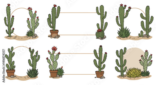 Various green cactus plants with flowers in pots and desert soil in detailed flat style vector illustration