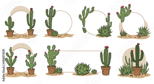 Various cactus plants in pots and natural settings with minimal flat design style showing diverse shapes and small red flowers vector illustration