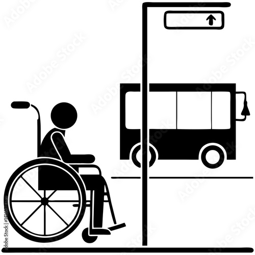Disabled person waiting for a bus at street sign  