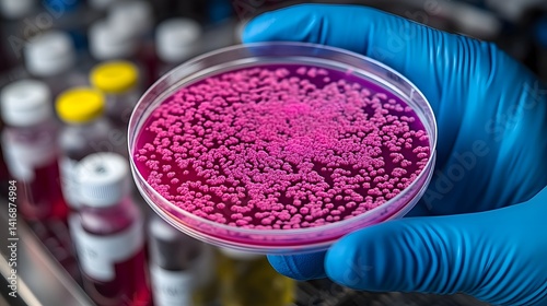 Scientist Holding Petri Dish with Bacterial Colony in Laboratory Environment