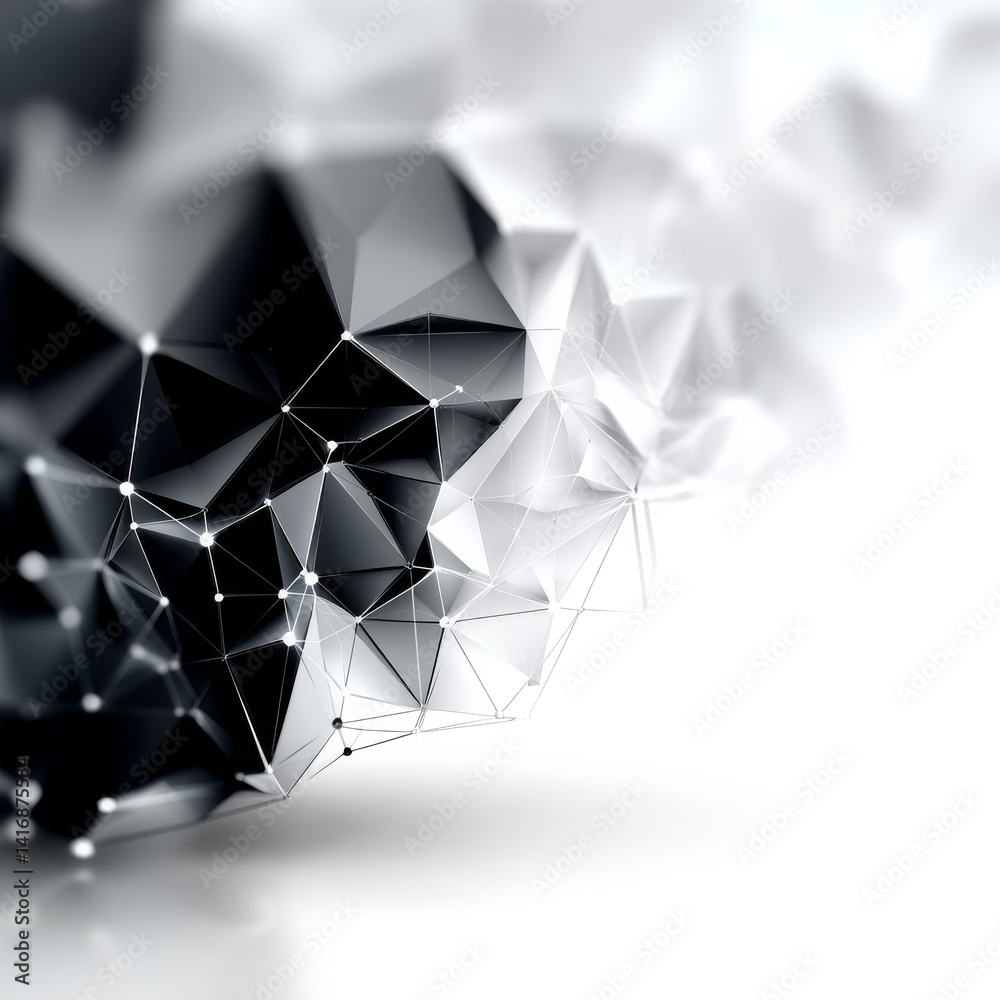 Abstract Black and White Low Poly Network: Modern Digital Art Connection with Soft Focus and Geometric Shapes