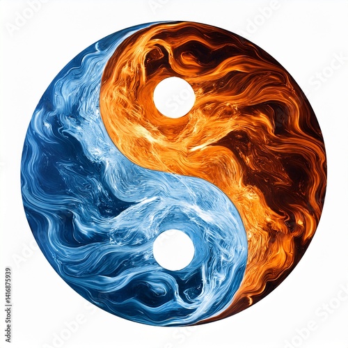 Yin-yang symbol, water and fire separated on white background.