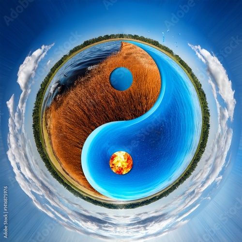 Yin-yang symbol, water and fire
