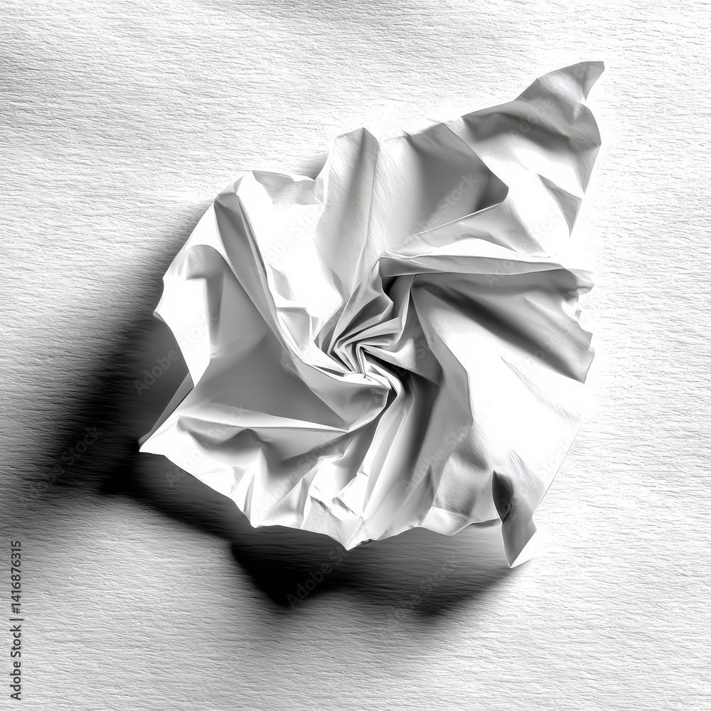Abstract Monochrome: Crumpled Sheet of Paper on Textured Surface, Play of Light and Shadow, Paper Art